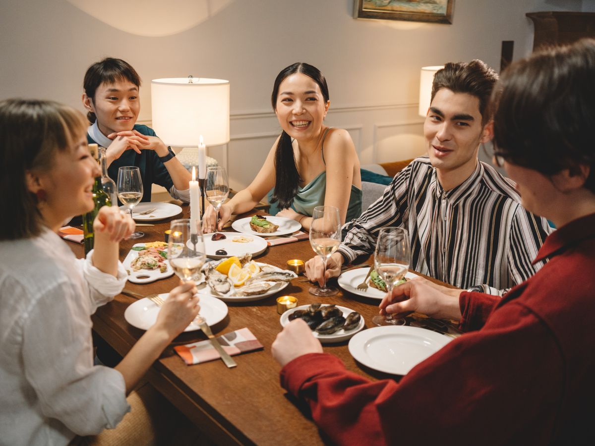 A group sharing a meal at a restaurant